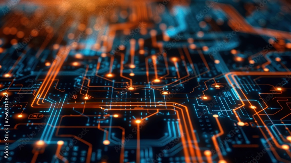 The circuit board with blue and orange lights up. Generate AI image The circuit board with blue and orange lights up. Generate AI image