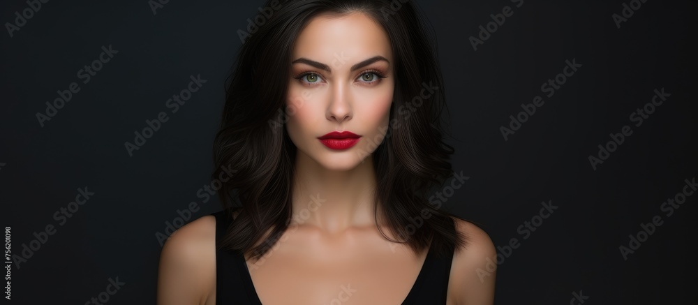 The woman with black hair is wearing red lipstick and a black tank top. Her head is tilted slightly to the side, showcasing her bold colored lipstick The woman with black hair is wearing red lipstick and a black tank top. Her head is tilted slightly to the side, showcasing her bold colored lipstick