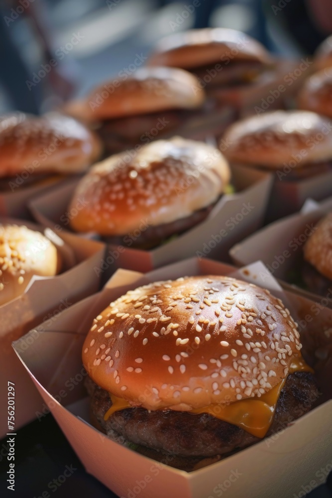 Row of hamburgers in paper containers