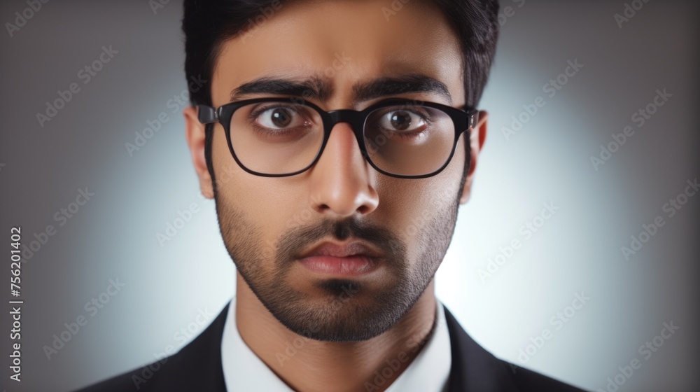 Man with glasses is looking at camera with serious expression Man with glasses is looking at camera with serious expression