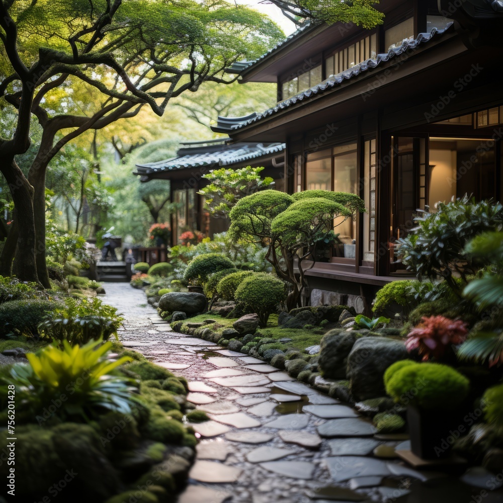 Japanese Garden with Stone Path and Trees