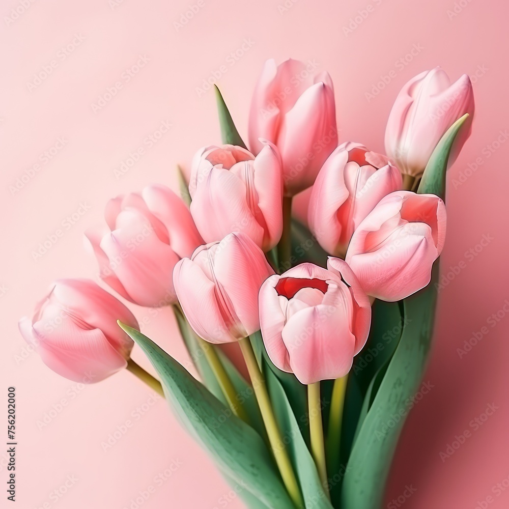 A bouquet of pink tulips on a pink background A bouquet of pink tulips on a pink background