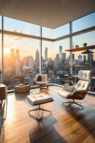 Modern living room interior with city view at sunset
