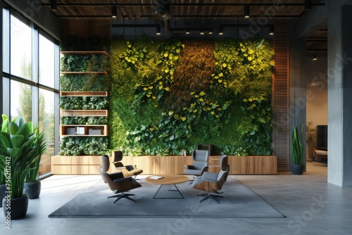 A creative office space inspired by nature, featuring biophilic design elements