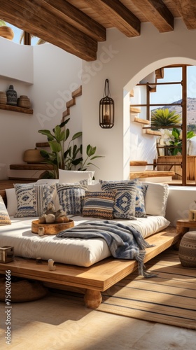 A cozy living room with a daybed, pillows, and a rug