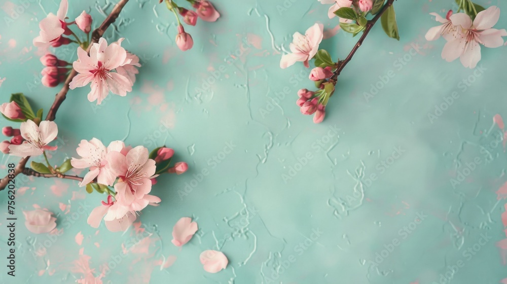 Blue background with pink flowers on it