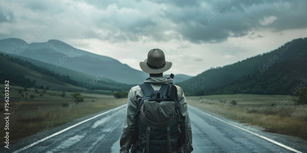 Man is walking down road with backpack on Man is walking down road with backpack on