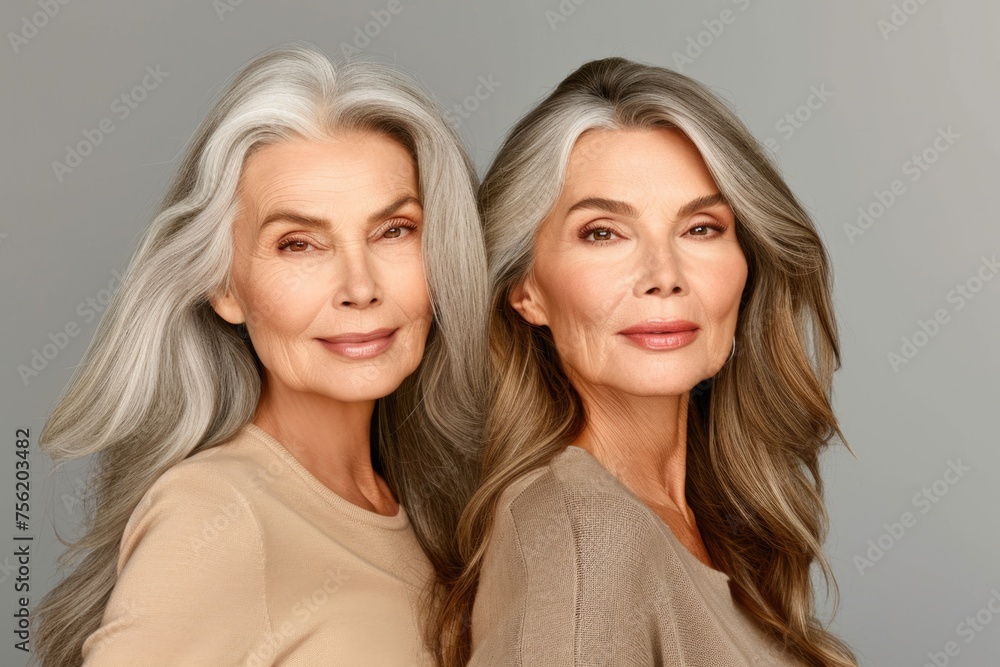 Two women with long hair are posing for photo