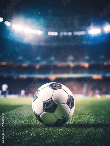 Soccer ball is on field in front of stadium © vefimov