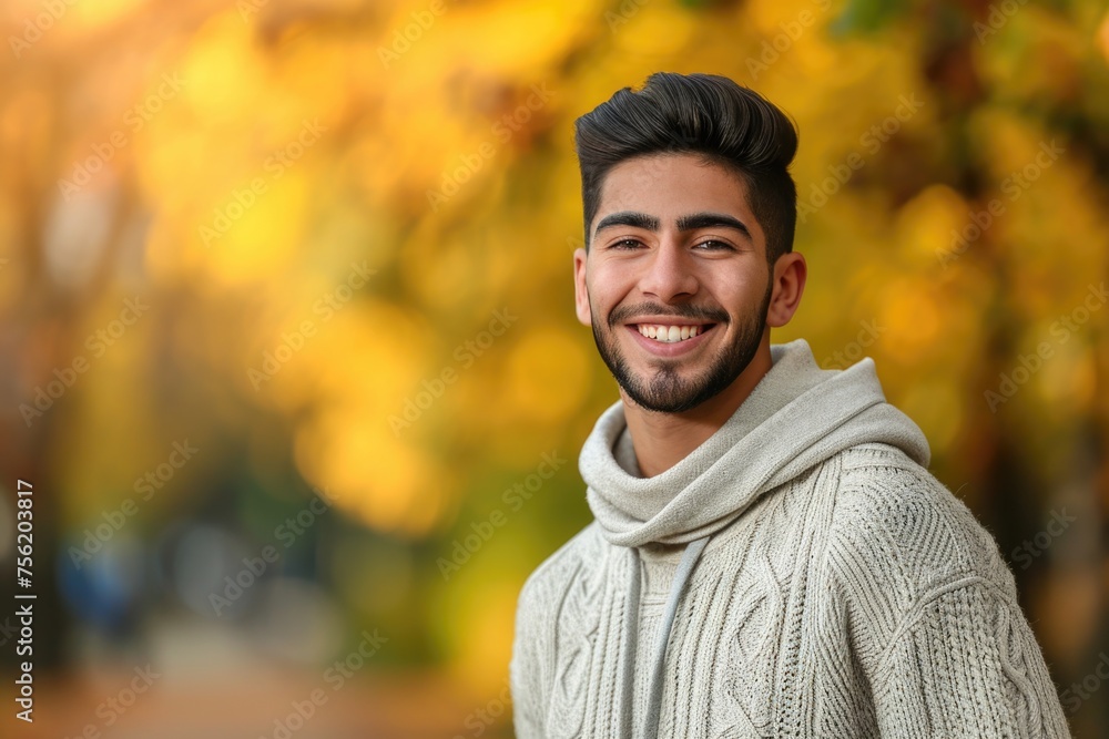 Man with beard and white hoodie is smiling Man with beard and white hoodie is smiling
