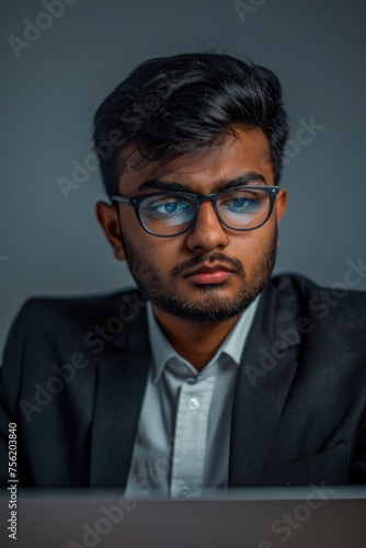 Man wearing suit and glasses is sitting in front of laptop