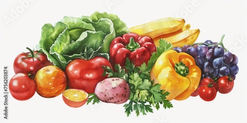 Colorful assortment of fruits and vegetables  including bananas  oranges