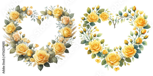 Yellow rose heart-shaped wreath watercolor illustration material set
