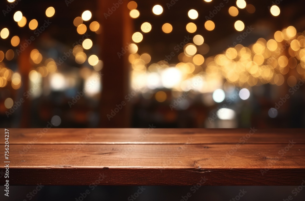 Empty wooden table top with blurred background of bar or cafe at night for product display montage, banner design. Empty wooden table top with blurred background of bar or cafe at night for product display montage, banner design.