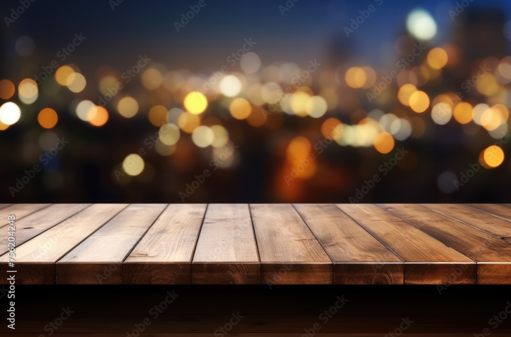 Empty wooden table top with blurred background of bar or cafe at night for product display montage, banner design. Empty wooden table top with blurred background of bar or cafe at night for product display montage, banner design.