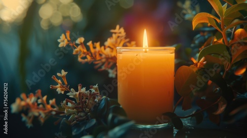 Candle is lit in glass jar with flowers around it