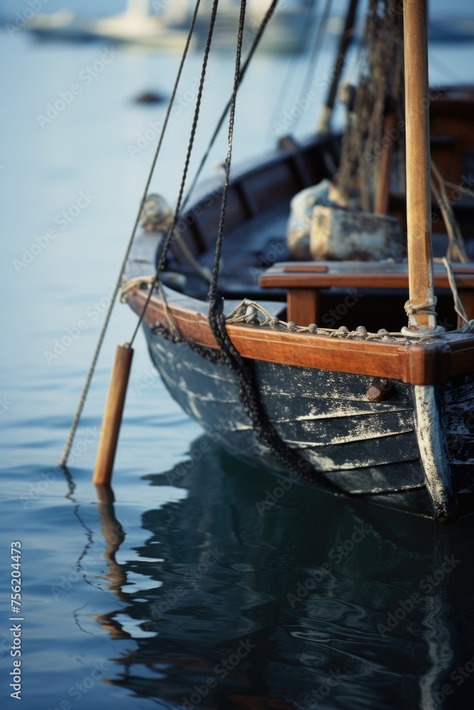 Small boat is floating in water with rope tied to it Small boat is floating in water with rope tied to it