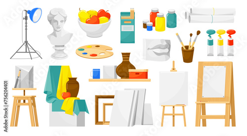 Art studio set furniture and tools for painters creative workshop isometric vector illustration
