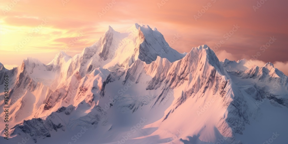 Mountains are covered in snow and sky is beautiful pink color Mountains are covered in snow and sky is beautiful pink color
