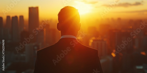 Man in suit is looking out over city at sun