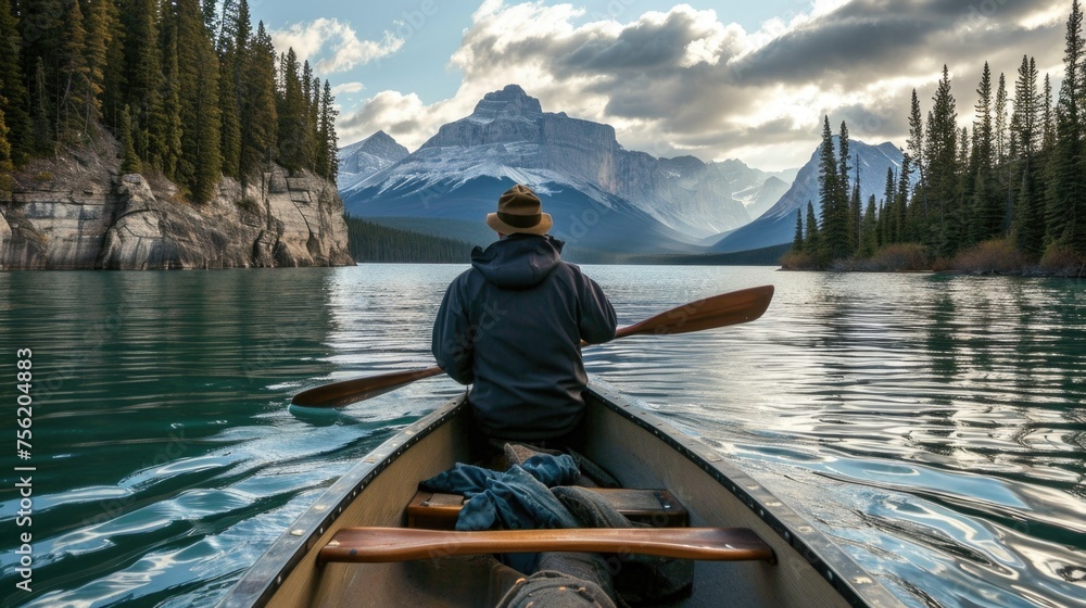 Man in black jacket is paddling canoe on lake