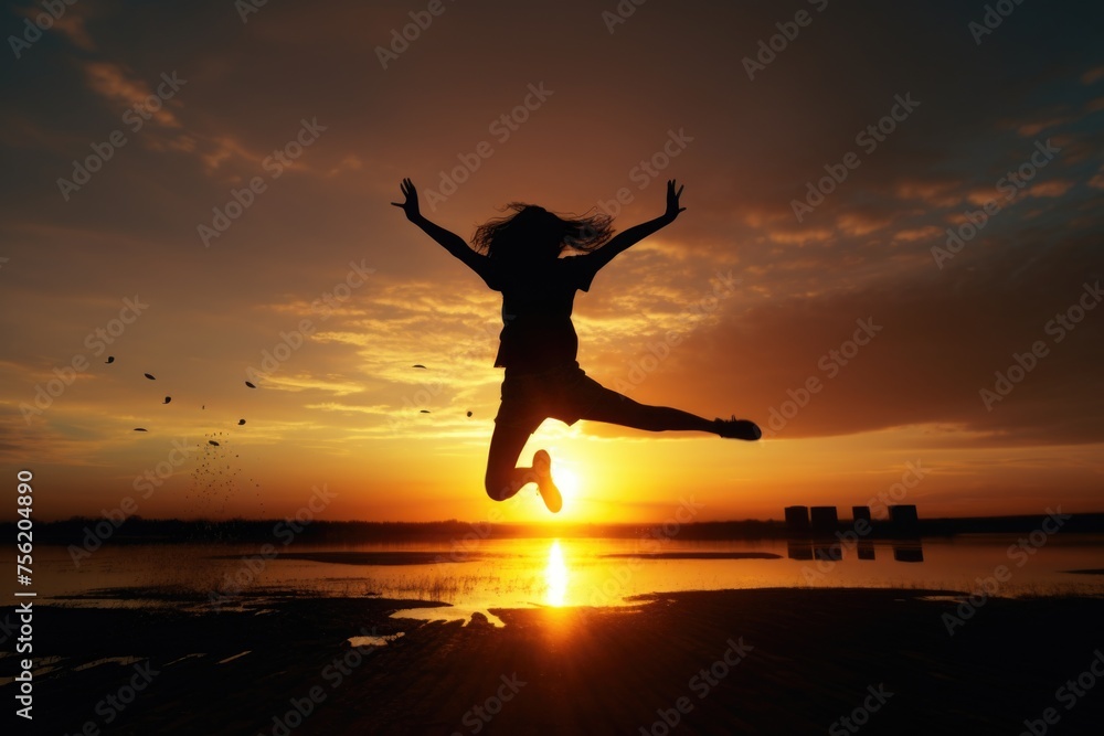 Woman is jumping in air with her arms outstretched