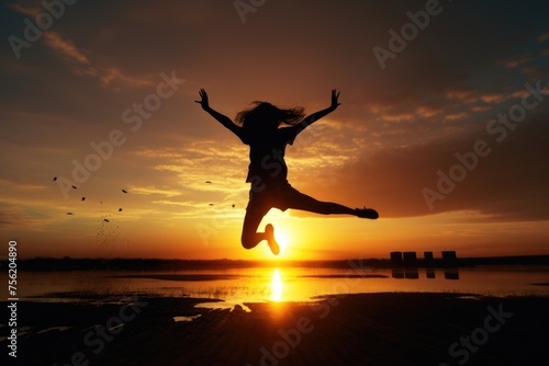Woman is jumping in air with her arms outstretched
