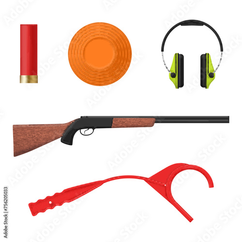 Clay shooting skeet sport equipment shotgun headphones bullet set realistic vector illustration