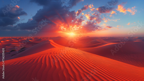A fiery sunset casts a blaze of orange and red across the vast desert, with undulating sand dunes creating a mesmerizing pattern.