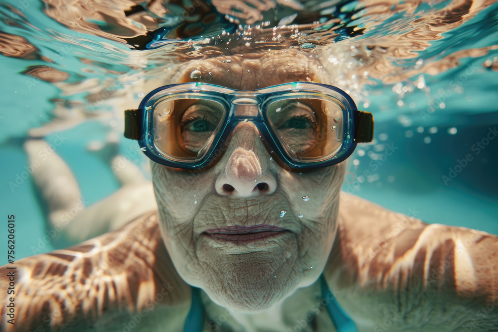 a senior woman in goggles and cap swimming underwater in pool