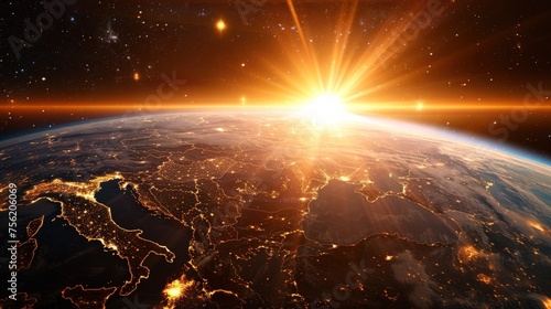 The rising sun illuminates the earth with a very beautiful view. Generate AI image
