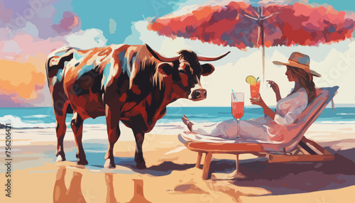 Eine Frau relaxt auf einer Liege mit zwei Cocktails am Strand. Eine Kuh steht dabei. Trendige Illustration für Poster, Karten, Tapete und 