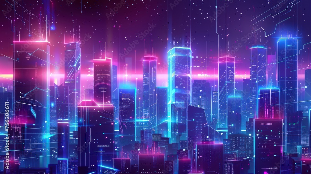 Urban illustration and tall buildings with neon light concept. Generate AI image
