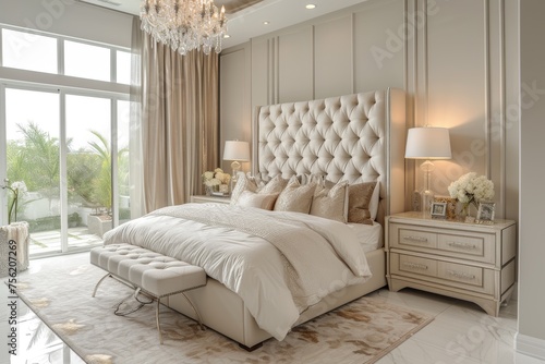 A luxury bedroom design with marble accents, custom cabinetry photo