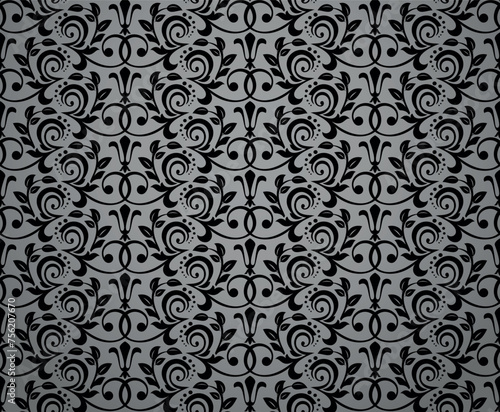 Wallpaper in the style of Baroque. Seamless vector background. Black and gray floral ornament. Graphic pattern for fabric, wallpaper, packaging. Ornate Damask flower ornament