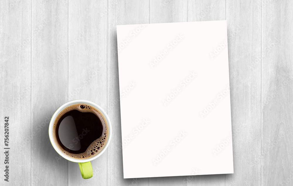 Blank greeting card and coffee on white wooden table background. Blank greeting card and coffee on white wooden table background.