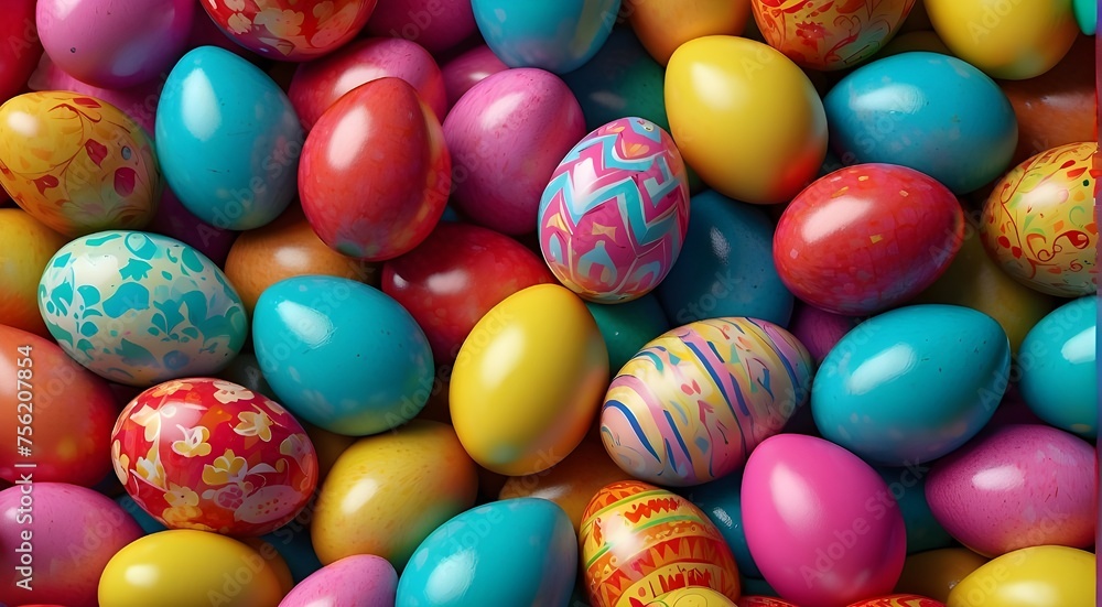 A 3D depiction of a pile of bright and colorful Easter eggs A 3D depiction of a pile of bright and colorful Easter eggs