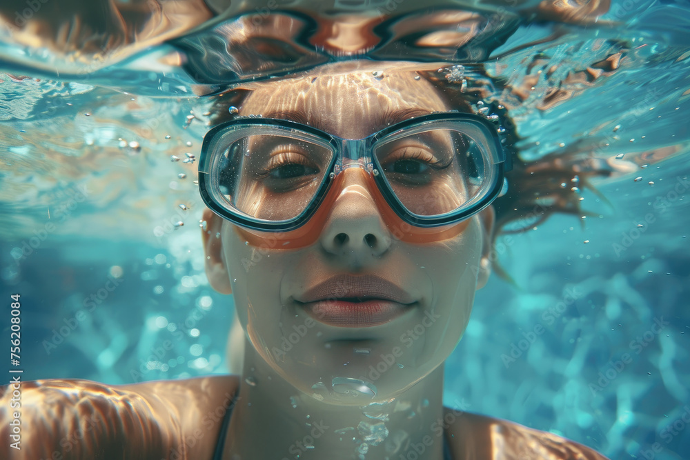 a young woman in goggles and cap swimming underwater in pool