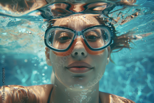 a young woman in goggles and cap swimming underwater in pool © Kien