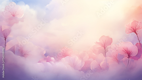 Pink flowers on a background of clouds  romantic greeting card in watercolor style