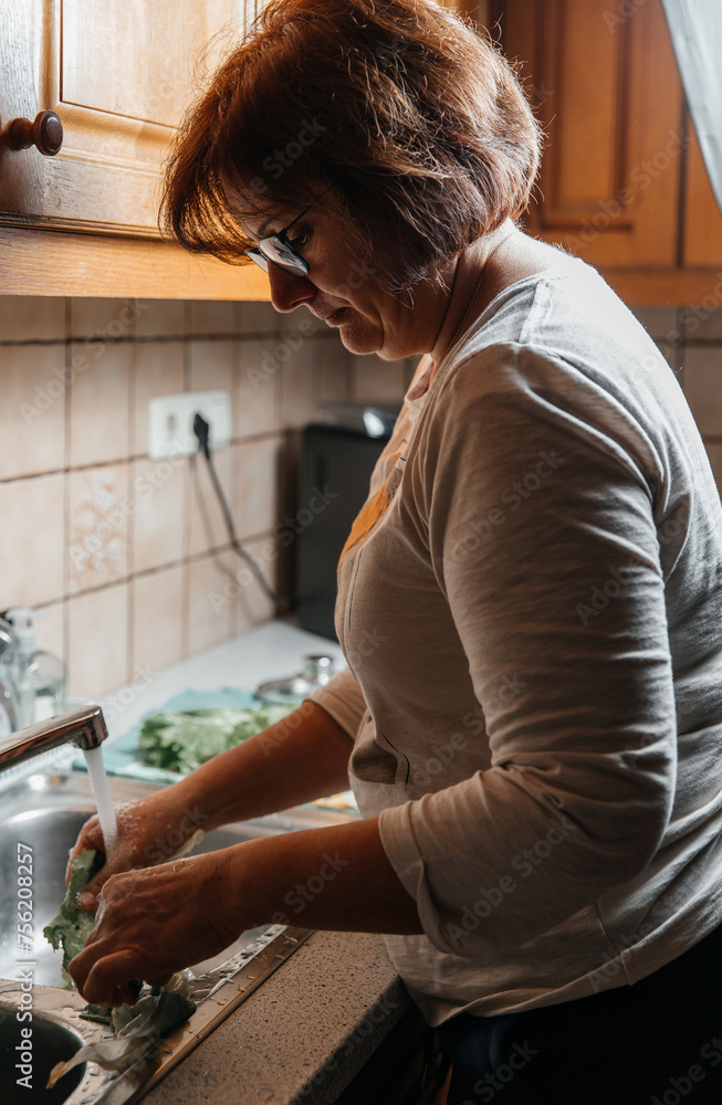 A woman prepares a family meal washing leaf lettuce in a cozy kitchen A woman prepares a family meal washing leaf lettuce in a cozy kitchen