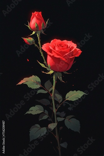 red rose on black  digital art of a blooming red rose and a bud with a pitch-black backdrop  giving a romantic and mystical feel