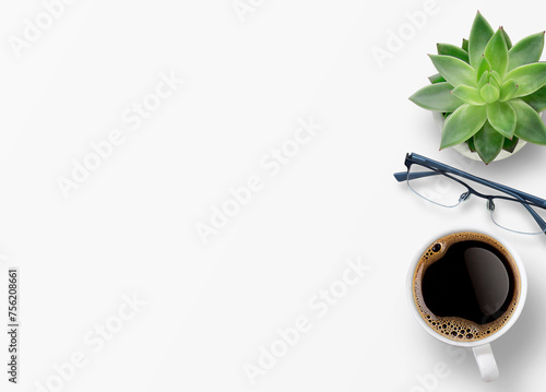 Blank notebook, offee,glasses and other office equipment on white office desk.