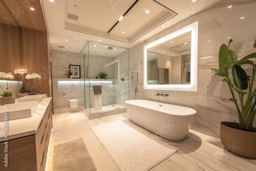 Elegant bathroom retreat  complete with luxurious fixtures  marble surfaces