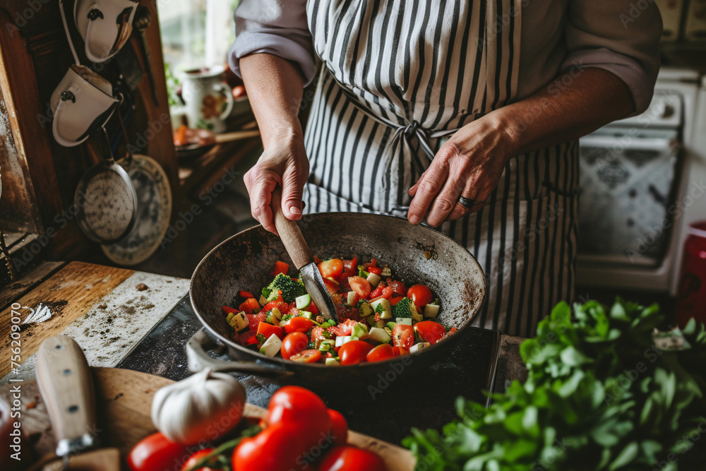 close-up of an old lady sautéing vegetables in a pan in a rustic old-fashioned kitchen close-up of an old lady sautéing vegetables in a pan in a rustic old-fashioned kitchen