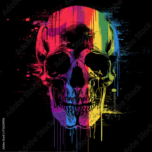 Colorful Skull with Paint Splashes in Glitchpunk Style, Svg Clipart photo