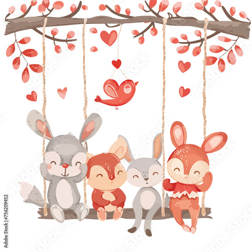 Fototapeta Naklejka Na Ścianę i Meble -  Valentines Animals On Swing Clipart isolated on white background 