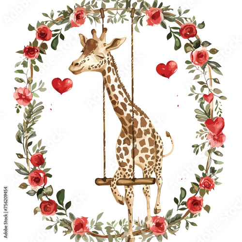 Valentines giraffe On floral Swing Clipart 