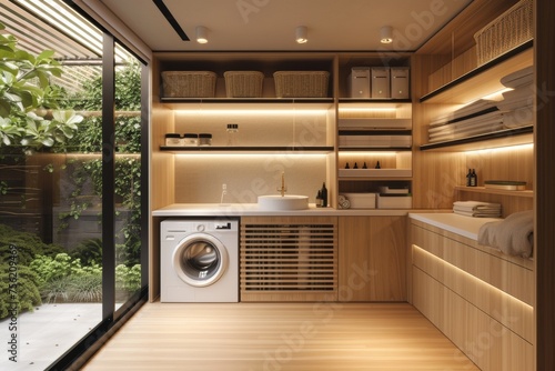 A minimalist-inspired laundry room design featuring clean lines photo