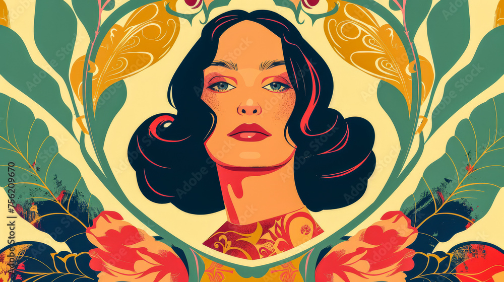 Portrait of an elegant art nouveau woman with a vintage touch and floral details